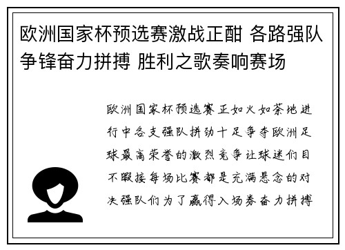 欧洲国家杯预选赛激战正酣 各路强队争锋奋力拼搏 胜利之歌奏响赛场