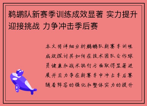 鹈鹕队新赛季训练成效显著 实力提升迎接挑战 力争冲击季后赛