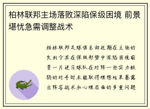 柏林联邦主场落败深陷保级困境 前景堪忧急需调整战术